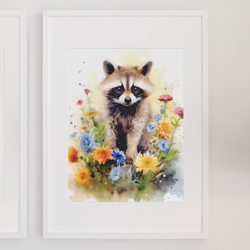 Watercolor Floral Raccoon Wall Art Illustration Print Poster Card Unframed - Picture 3 of 6